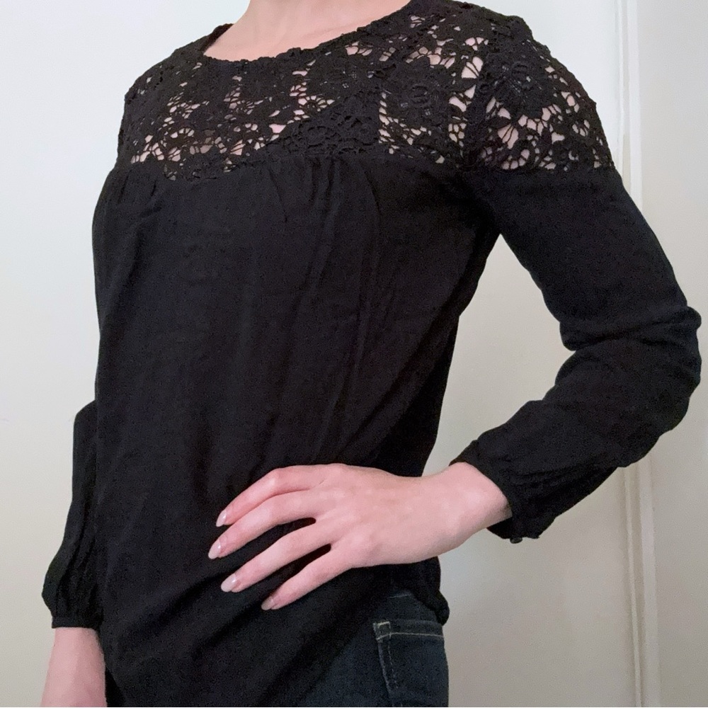 Old Navy Black Smock Blouse Crochet Boho Victorian Gothic Whimsigoth Milkmaid XS